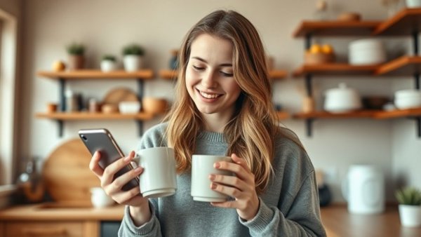Young woman in wooden kitchen using smartphone for off-grid home security.