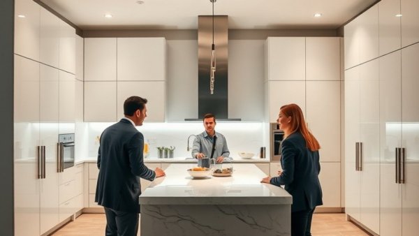 Contemporary luxury kitchen discussion in sleek marble kitchen.