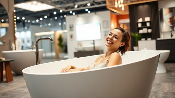 Woman in modern bathtub at design expo, elegant fixtures.