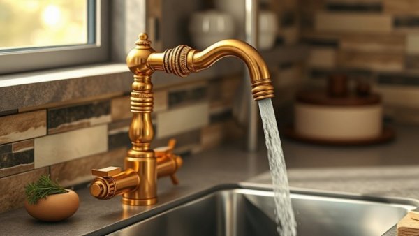 Elegant faucet in luxury kitchen design with gold accents and herbs.