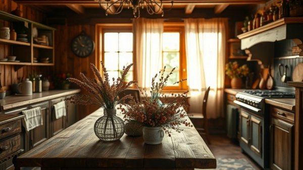Warm rustic kitchen with wooden table and dried flowers.
