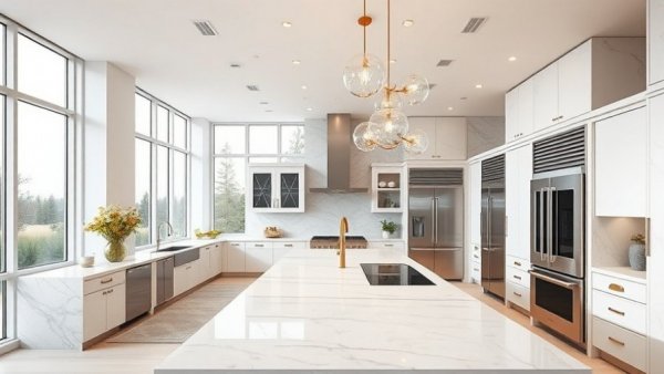 Modern luxury kitchen design showcasing designer integrator relationship with marble surfaces.