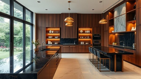 Modern luxury kitchen design with marble and gold accents.