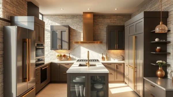 Luxury kitchen design with elegant cabinetry and stone walls.