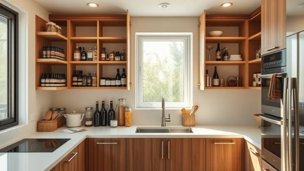 Modern kitchen storage solutions with organized cabinetry and sunlight.