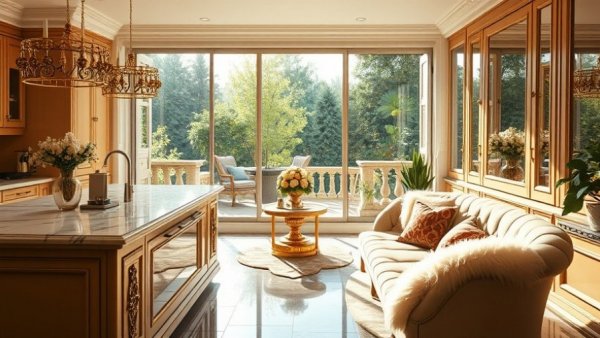 Luxury kitchen design with gold accents and garden view.