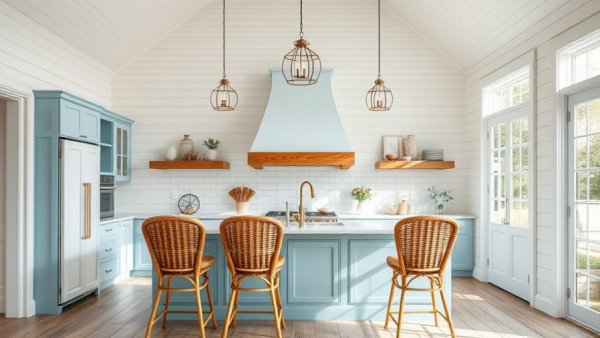 Trendy coastal kitchen designs with blue cabinets and elegant lighting.