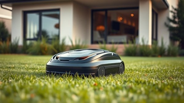 Sleek robotic lawn mower cutting grass near a modern home.