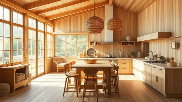 Warm Japandi kitchen with natural light and wooden accents.