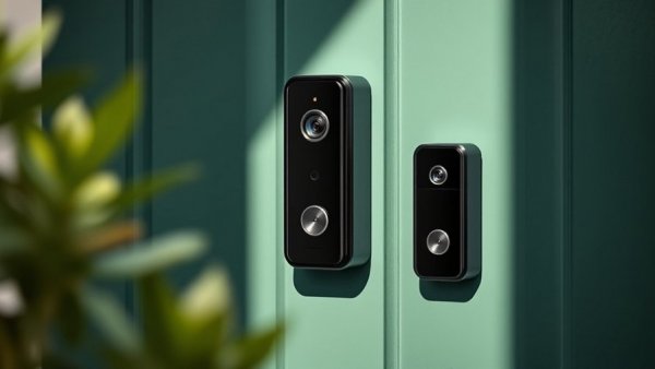 Sleek black affordable video doorbell on green door.