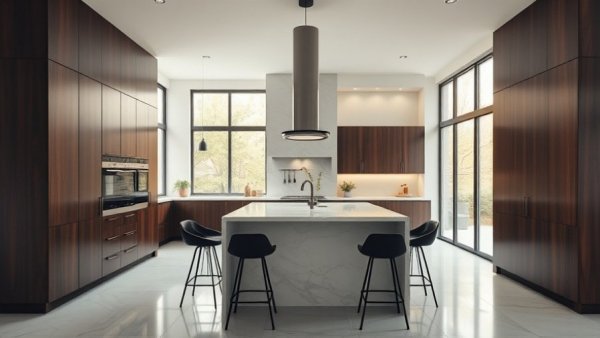 Modern kitchen with dark wood cabinets and white marble island, linked to Fabuwood Manufacturing Relief Program