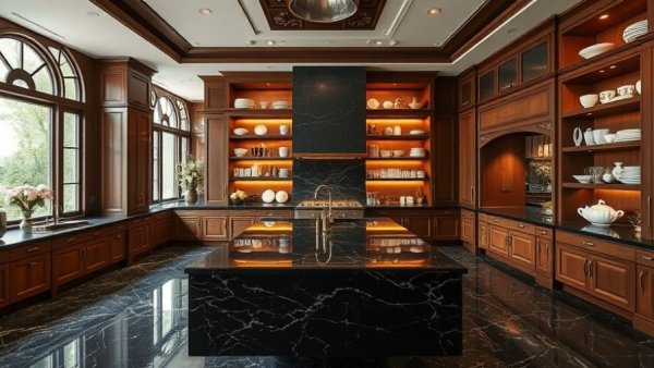 Luxury kitchen design with marble and elegant features.