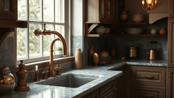 Elegant luxury kitchen design with marble and brass fixtures.
