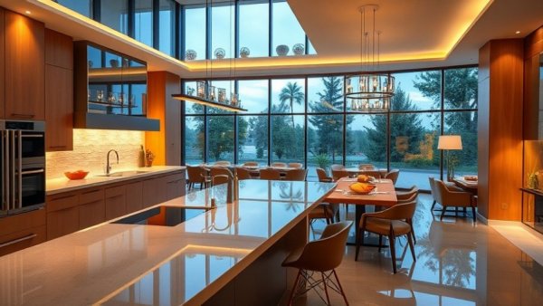 Luxury kitchen design with elegant glass countertops and ambient lighting.