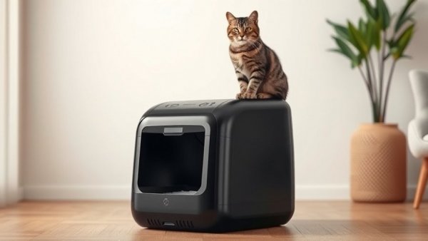 Black cat litter robot with tabby cat in a modern setting.