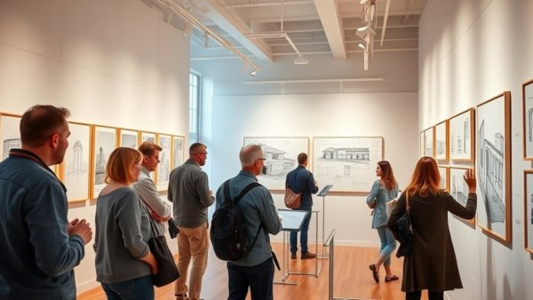 Visitors engage with architectural displays in stylish gallery.