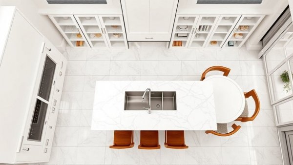 Top-down view of luxury kitchen design with island and table.