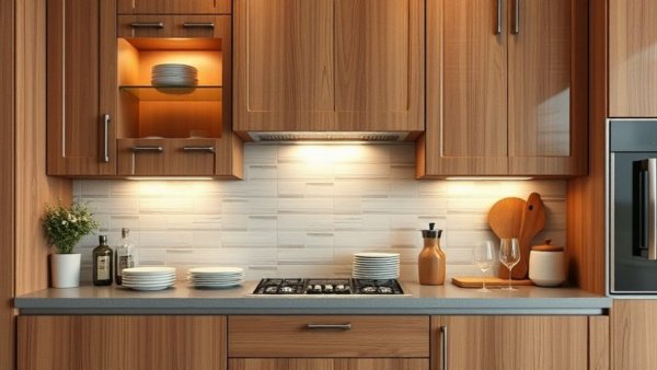 Integrated cabinet lighting illuminating a stylish kitchen cabinet.
