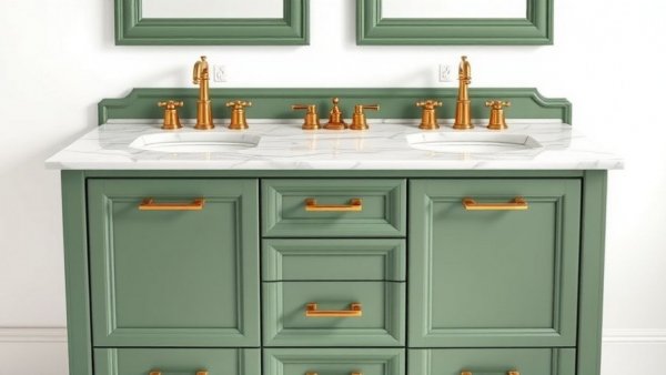 Elegant green vanity with marble top and brass faucets, luxury kitchen design.