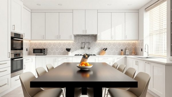 Modern luxury kitchen design with white cabinets and stylish decor.