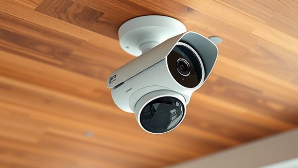 Modern white Ring 2K resolution camera with floodlights mounted on ceiling.