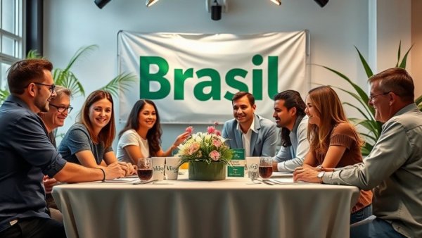 Group at design event table with 'Brasil' banner in the background.