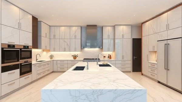 Elegant modern luxury kitchen design with marble countertops and sleek cabinetry.