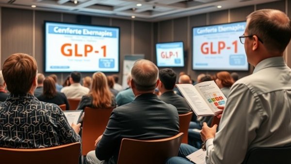 Medical seminar on GLP-1 therapies with guidebook and medication display.