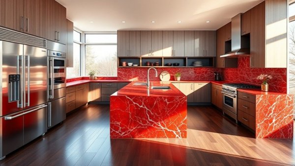 Luxury kitchen design featuring a red granite island and modern appliances.