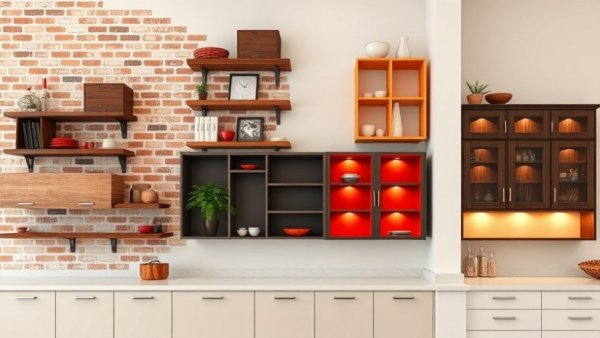 Modern 2026 kitchen shelf designs showcasing various styles and colors.