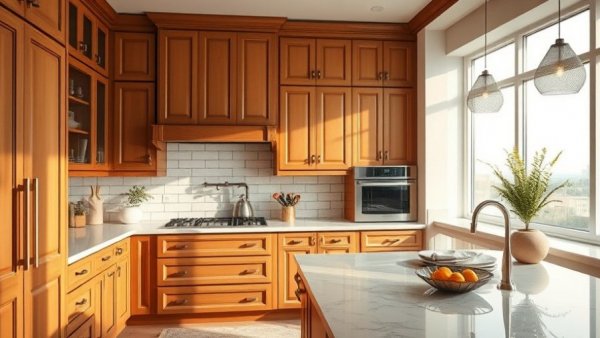 Luxury kitchen design with wooden cabinets and polished countertops.