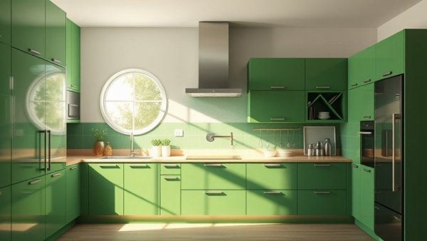 Textured painted green kitchen cabinets with sleek modern design.