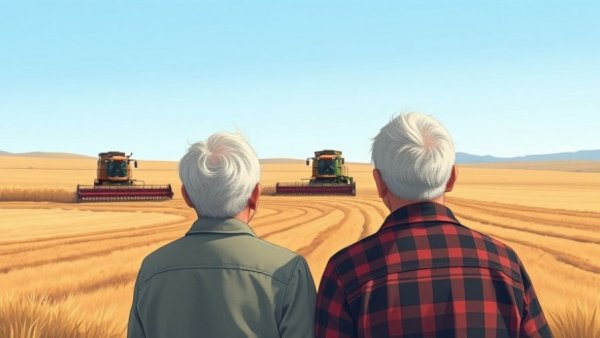 Couple observing combine harvester on family farms in Indiana.