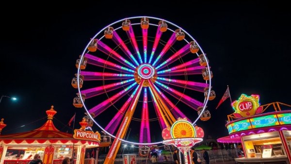 Indiana State Fair attractions vibrant night scene with Ferris wheel.