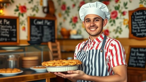 Friendly baker at Pots & Pans Pie Co. Irvington holding pie in cozy shop.