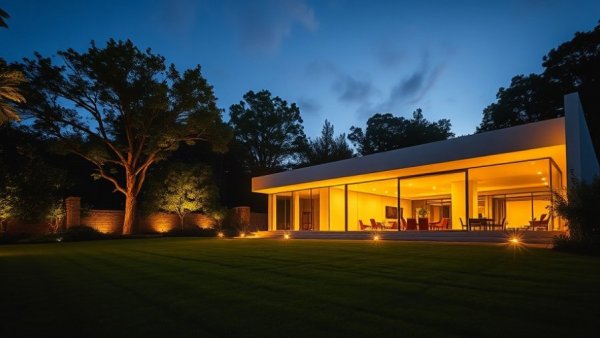 Modern Rare Evans Woollen home illuminated at dusk with lush greenery.