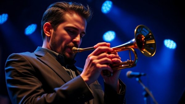 Jazz musician performing at Indy Jazz Fest under blue lights