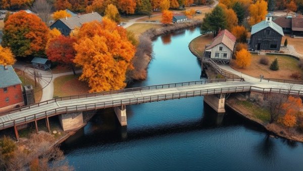 Aerial view of Jasper, Indiana, with bridge and autumn scenery.