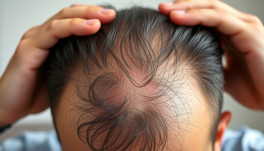 Scarring alopecia on a man's scalp with hands touching.