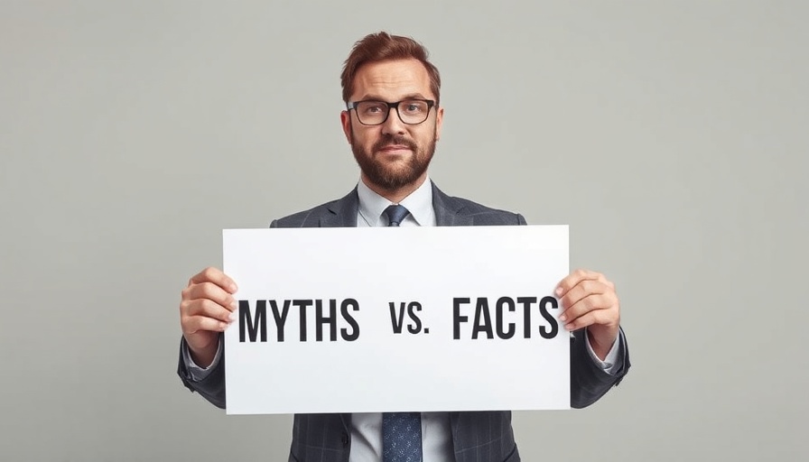 Businessman holding sign with myths and facts arrows, medical spa myths.