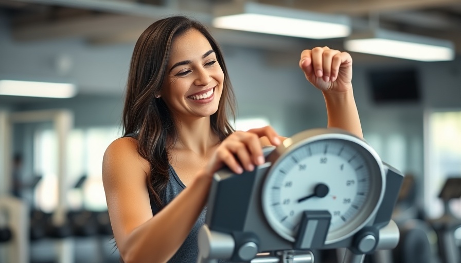 Happy woman adjusting scale in gym during tirzepatide trial.