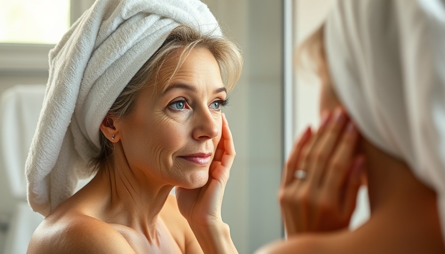 Middle-aged woman exploring skin laxity solutions in the mirror.