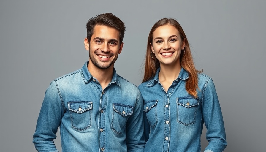 Smiling couple in denim shirts highlighting hair restoration treatments.