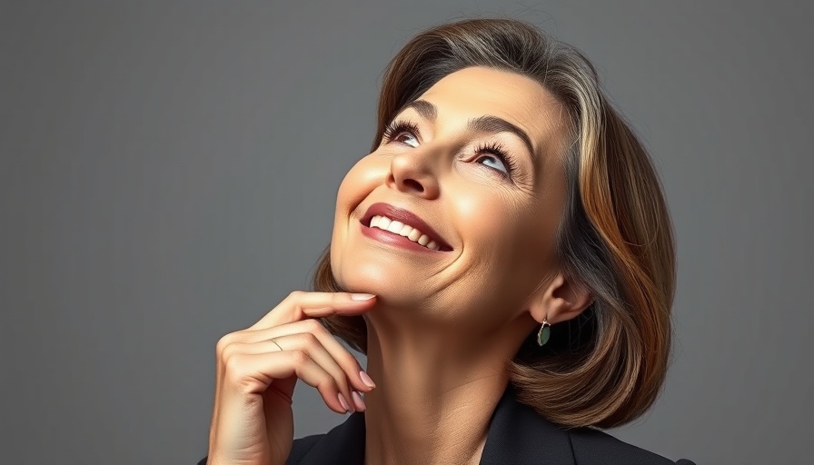 Middle-aged woman looking upwards, smiling, Sculptra benefits.