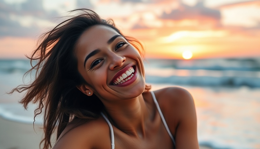 Happy woman enjoying sunset on beach, non-invasive treatments theme