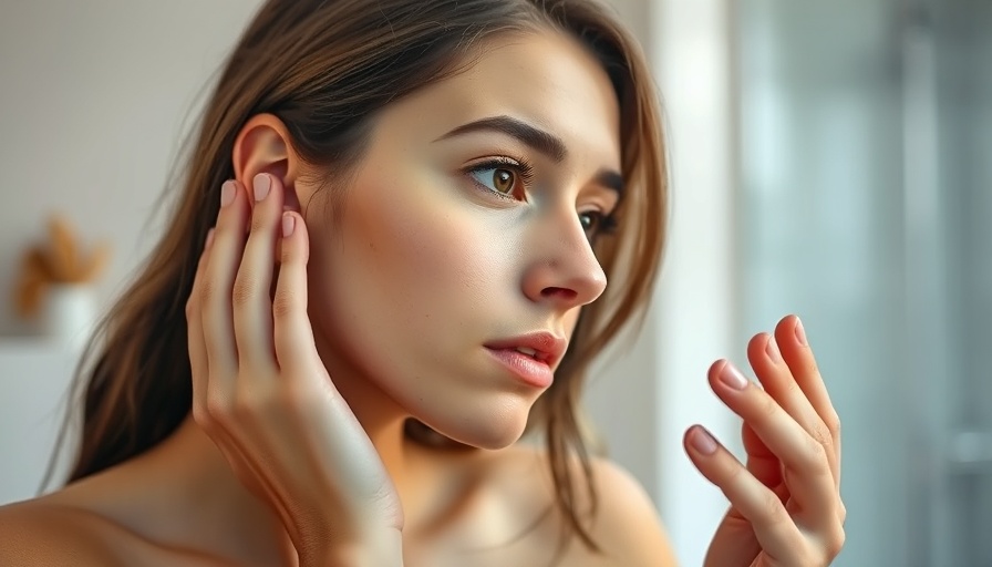 Young woman examines skin in mirror in bright bathroom.