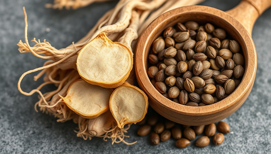 Adaptogens with ginseng roots and seeds bowl on gray background.