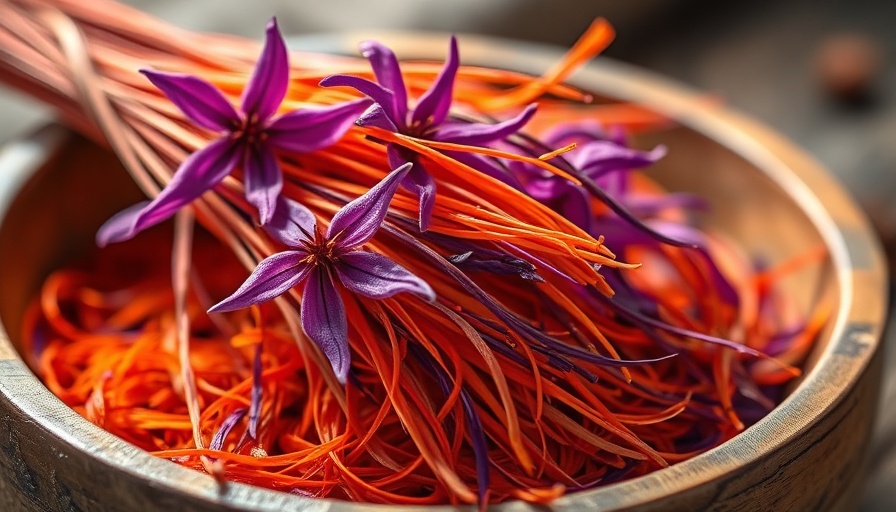 Saffron and flowers on rustic wood for natural skin brightening.