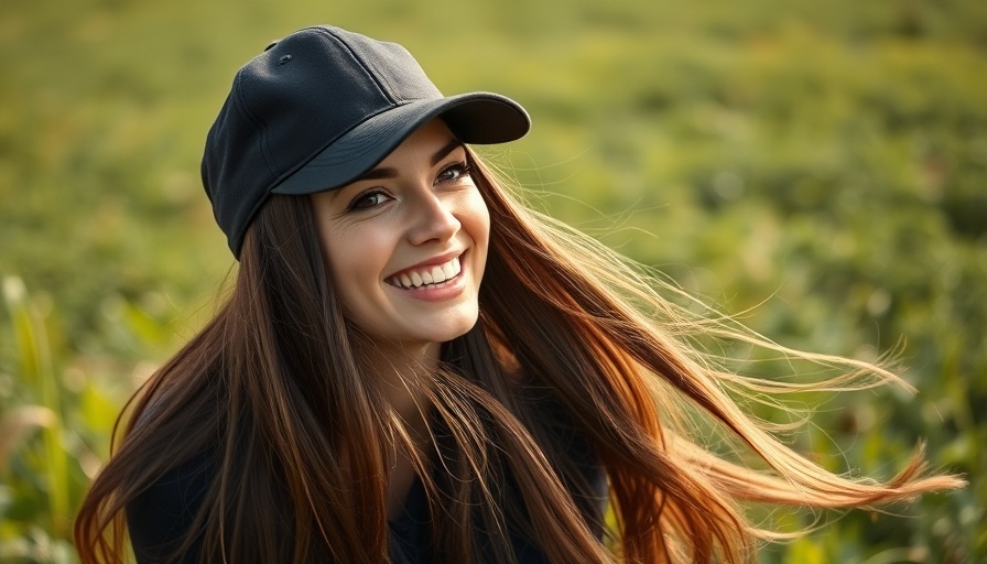 Smiling woman in nature, wearing a black cap. Non-surgical rhinoplasty.