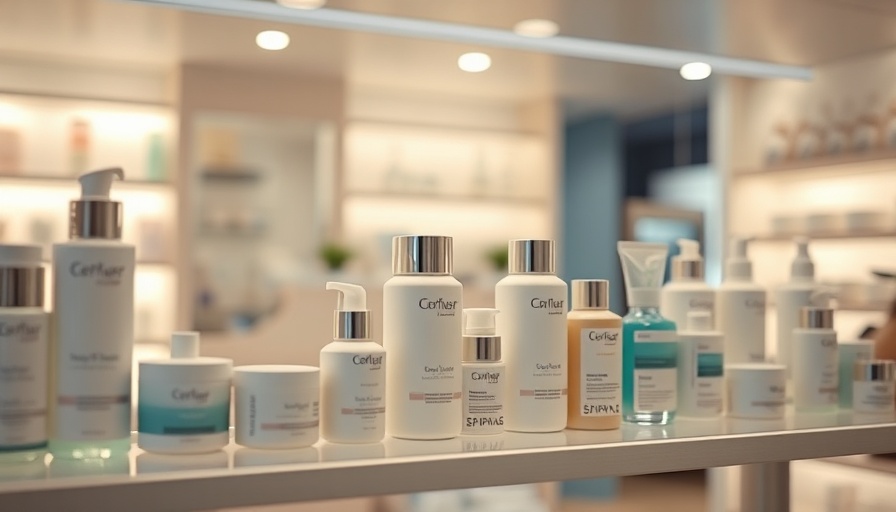 Skincare products neatly arranged on a shelf with soft lighting.